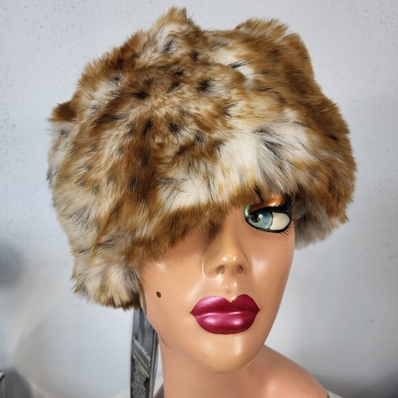 NWT~PAMELA MCCOY~BROWN BLACK FAUX FOX MINK FUR ANIMAL PRINT STOLE SCARF WRAP HAT - Picture 3 of 16